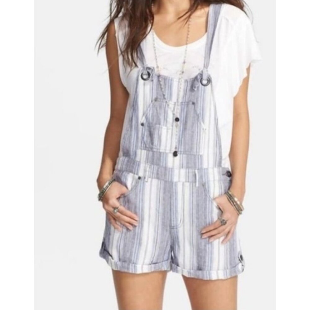 Free People Women's Striped‎ Denim Short Overalls Size 6 BOHO BEACH preowned - Picture 2 of 16